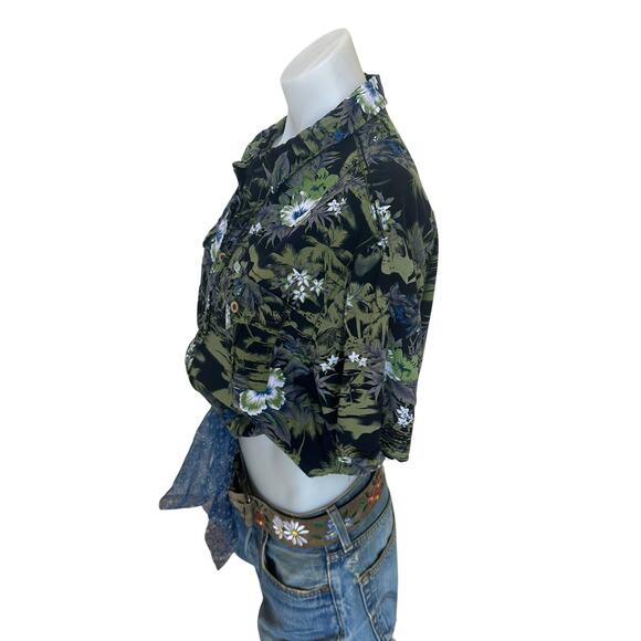 Hawaiian Shirt Tropical Button Down Crop Top One Size Oversized Hibiscus Unique - Picture 2 of 6